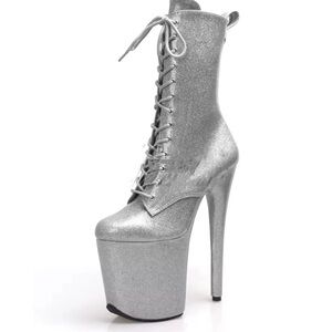 Pleaser 8” Silver Glitter Platform Lace-Up Boots